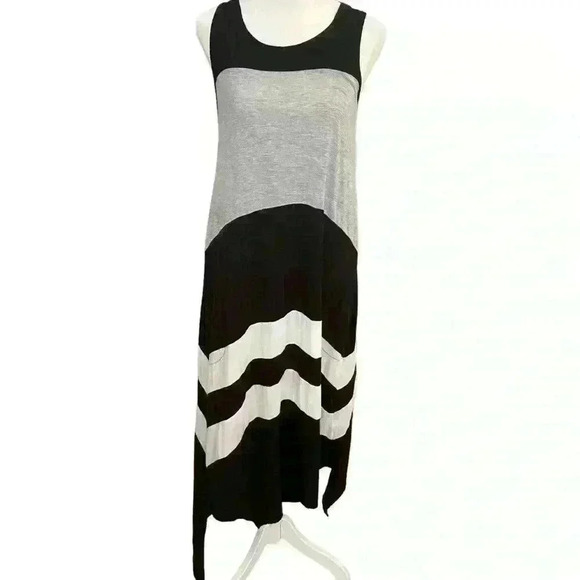 DKNY Tank Maxi Dress Size S Black Grey White Stripes Stretch Casual Boho Pockets - Picture 2 of 10